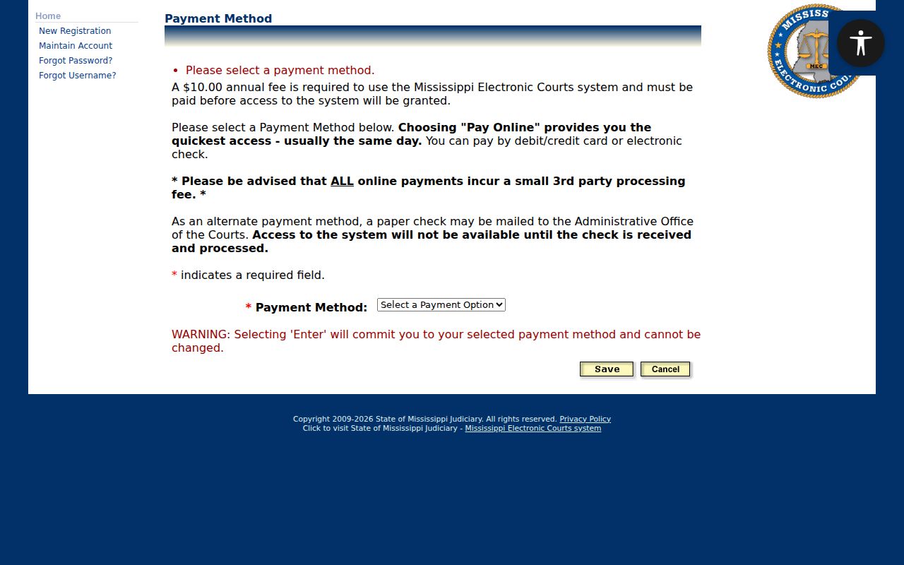 PAMEC payment method screen for Benton County warrant record access