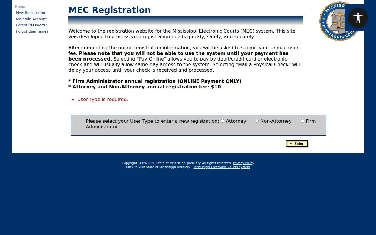 PAMEC registration screen used for Benton County warrant record docket access