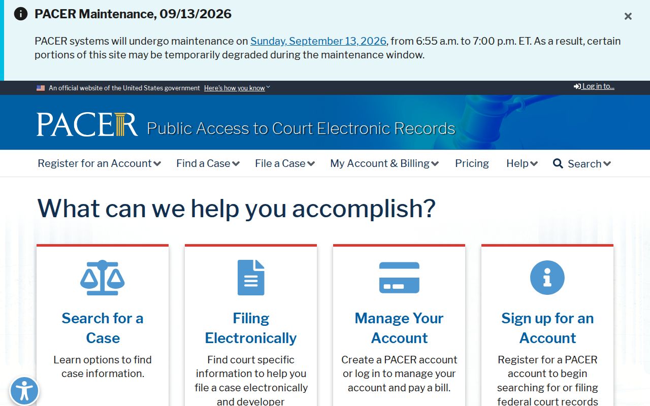 Federal PACER access page used for Benton County cases outside the county arrest warrant system