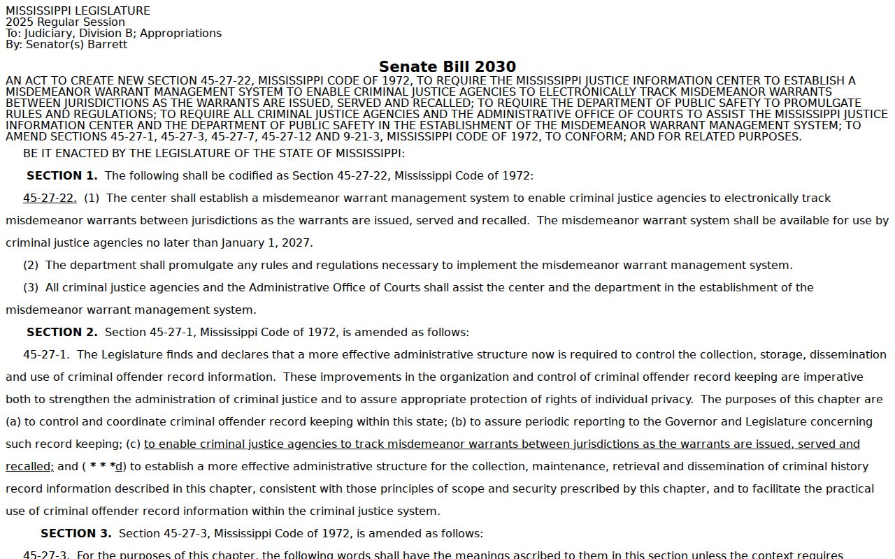 Introduced Mississippi bill proposing an agency warrant system relevant to Benton County traffic warrants