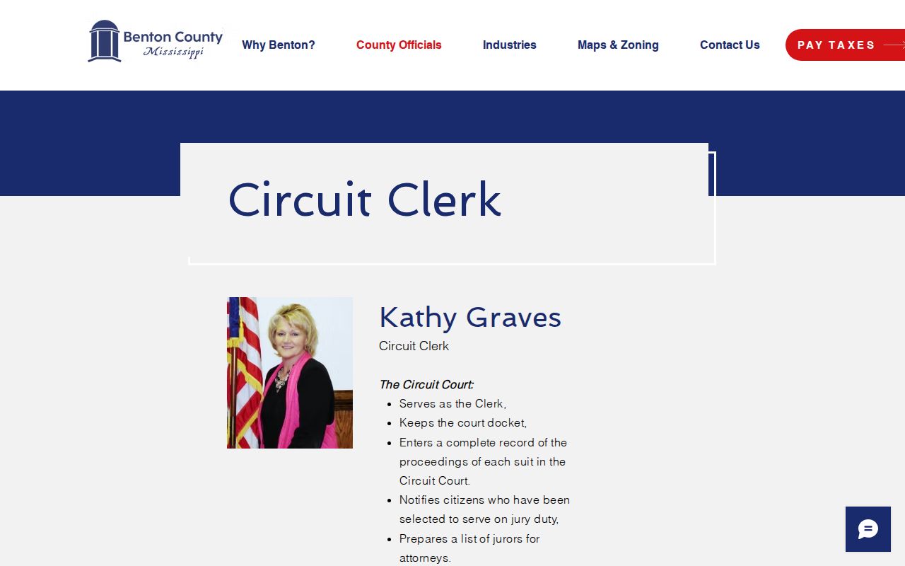 Benton County Circuit Clerk page showing the records role behind county rather than municipal court warrants